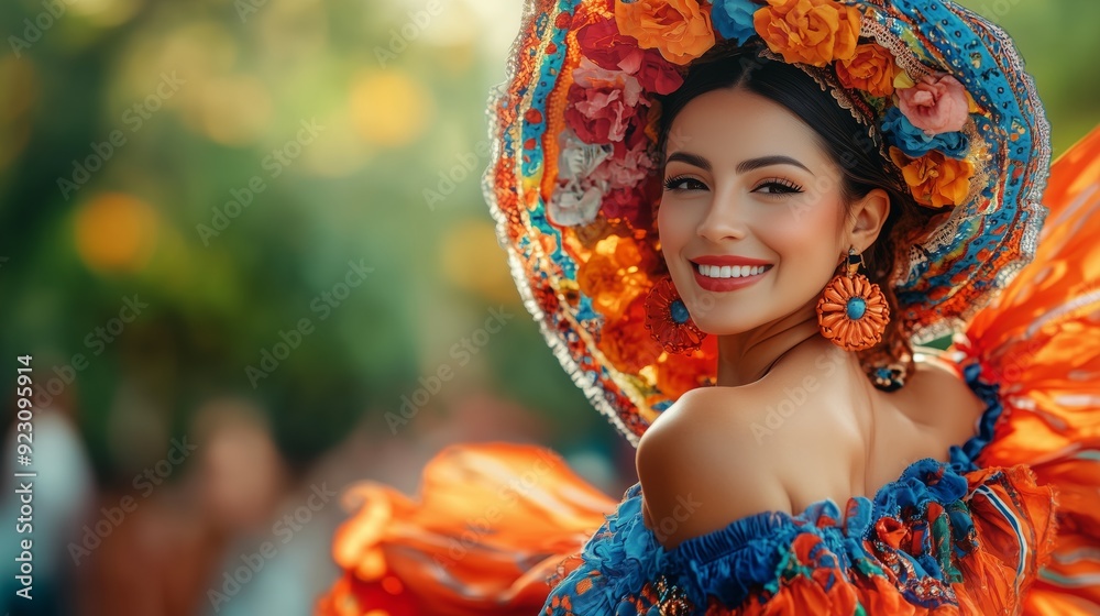 A woman dressed in a vibrant Mexican outfit smiles joyfully amidst a celebratory setting A woman dressed in a vibrant Mexican outfit smiles joyfully amidst a celebratory setting