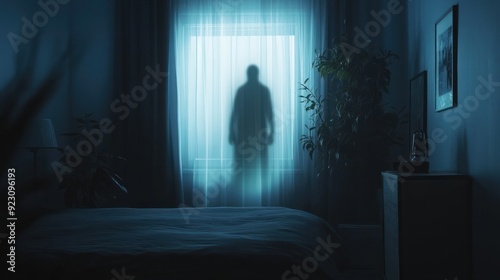 Blurred ghost silhouette in bedroom window at night horror scene on Halloween