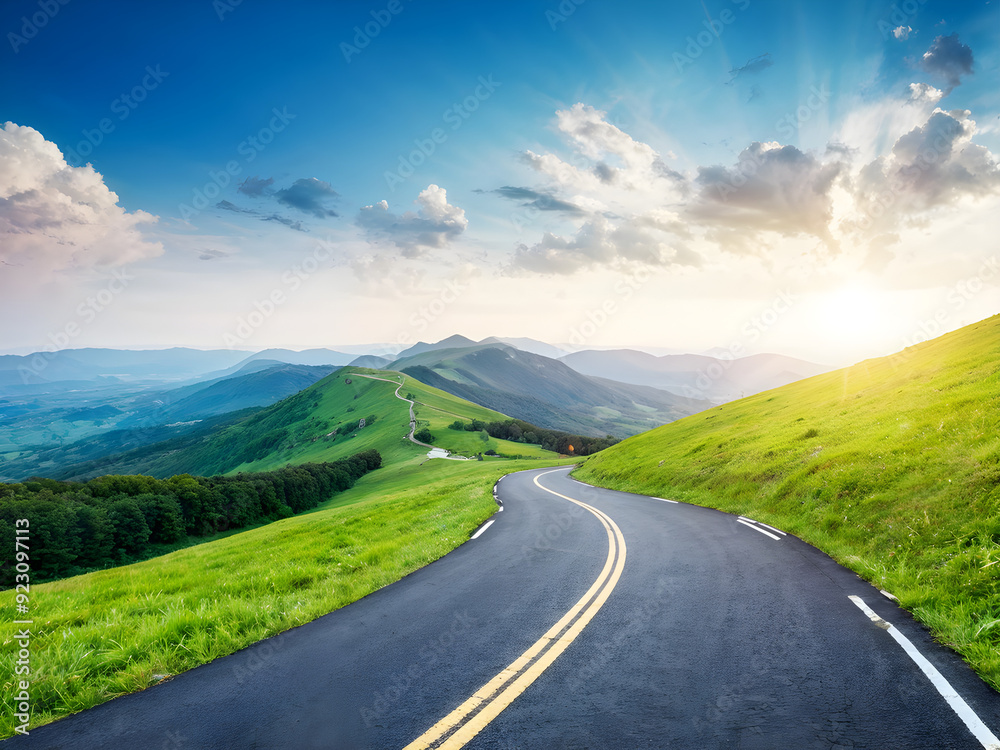Asphalt road square and green mountain with sky clouds natural landscape at sunrise
Asphalt road square and green mountain with sky clouds natural landscape at sunrise