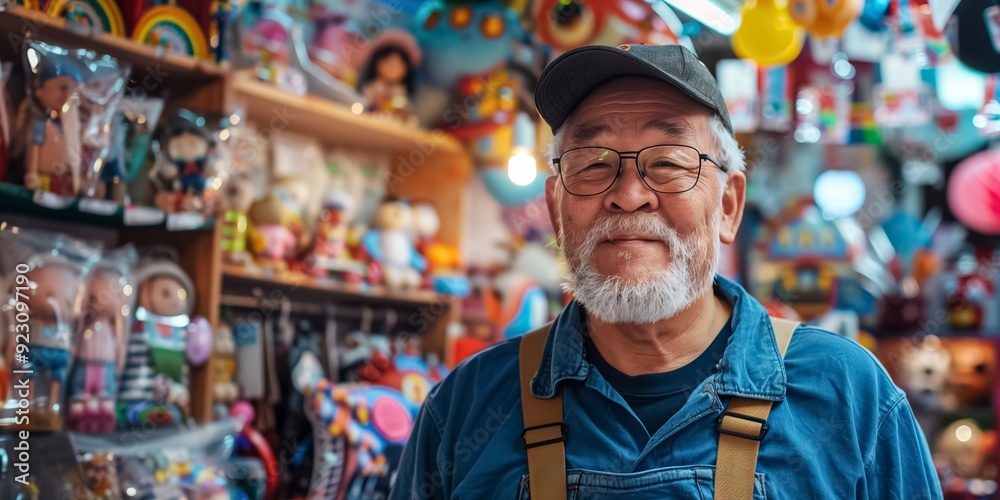 Senior male small business owner smiling confidently in his toy store surrounded by colorful merchandise