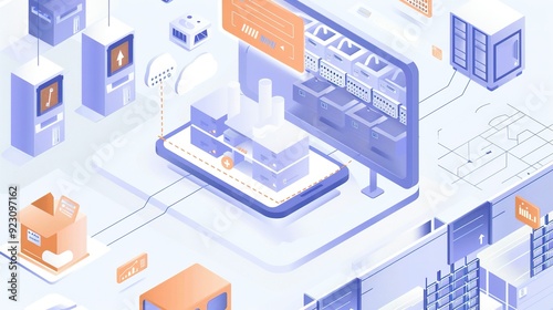 Isometric Illustration of a Smart Warehouse Management System with Emphasis on Inventory Control Using IoT Devices