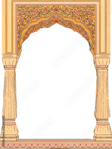 Traditional Mughal temple lattice wall peacock tree pattern illustration