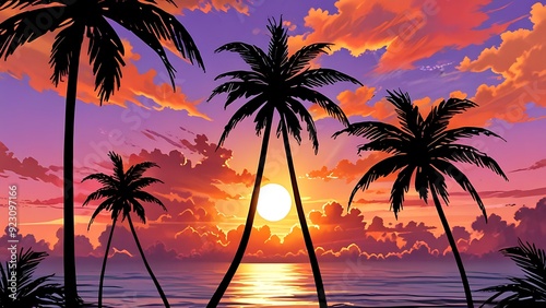 Spectacular sunset scene with palm trees  colorful sky  and ocean view. Perfect for travel  nature  and tropicalthemed designs.