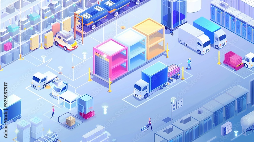 Isometric Illustration of a Smart Warehouse Management System Focused on Inventory Control with IoT Devices