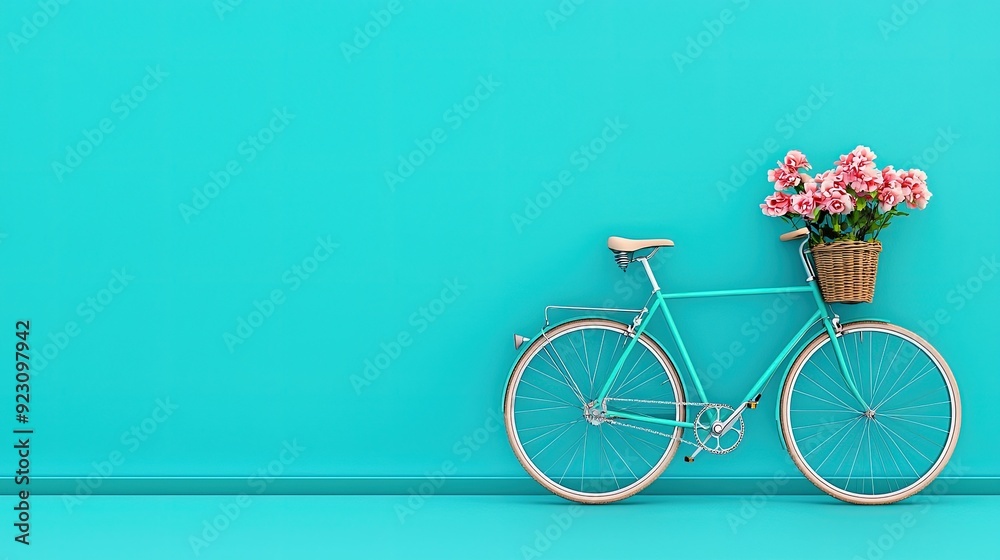 Fototapeta premium Beautiful Bicycle Leaning Against Bright Blue Wall