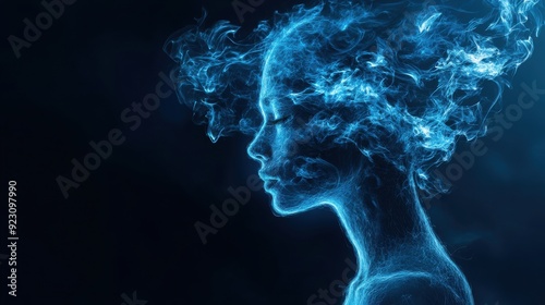 A human face distorted by swirling fire and enveloped in blue smoke, with a dreamy, psychedelic effect created through double exposure blending both elements