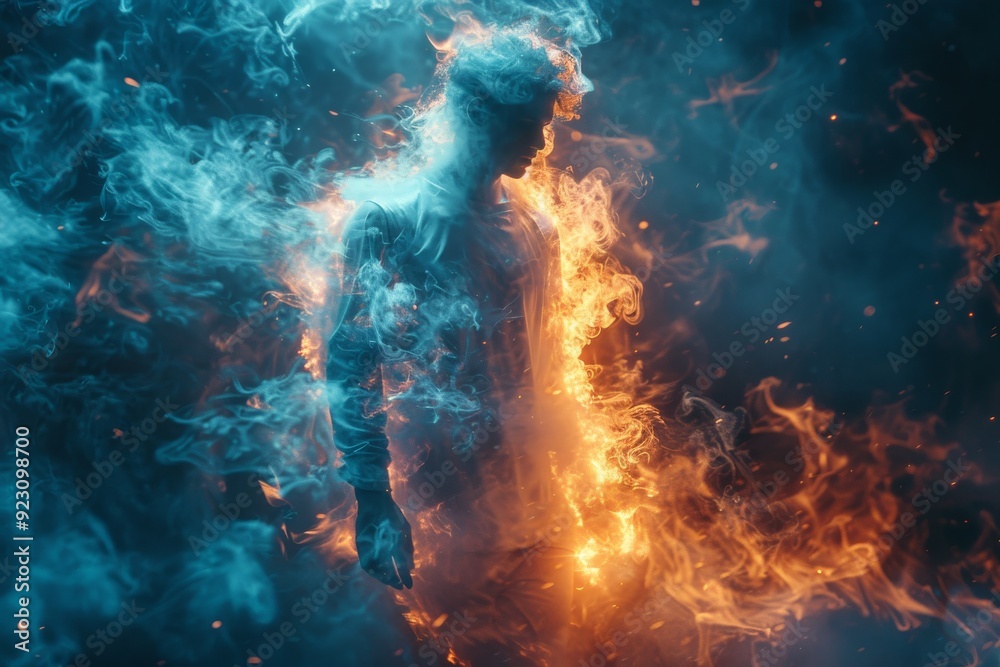 Obraz premium A human face distorted by swirling fire and enveloped in blue smoke, with a dreamy, psychedelic effect created through double exposure blending both elements