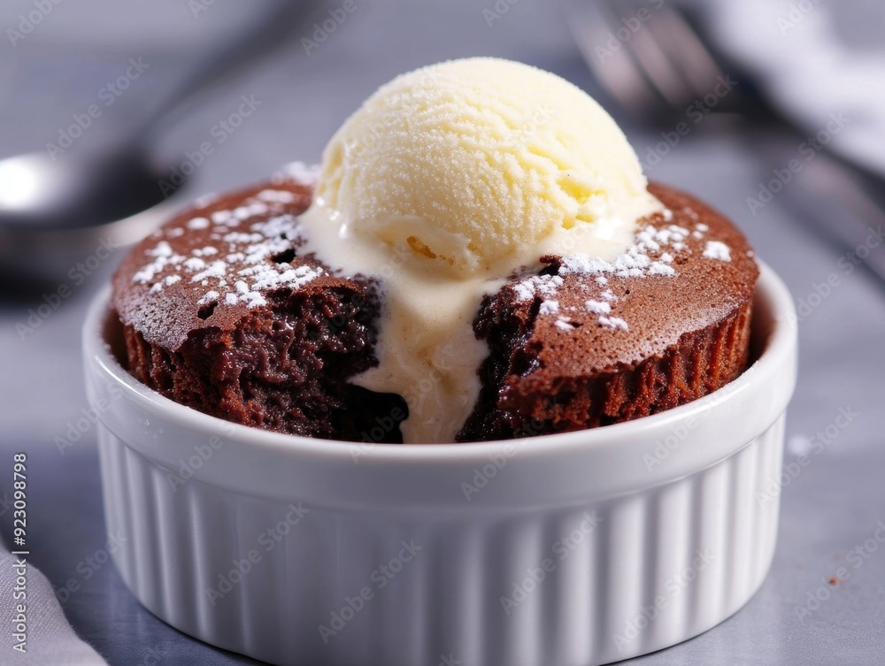 A velvety chocolate soufflé is served with a scoop of vanilla ice cream melting beside it, creating the perfect dessert pairing. A velvety chocolate soufflé is served with a scoop of vanilla ice cream melting beside it, creating the perfect dessert pairing.