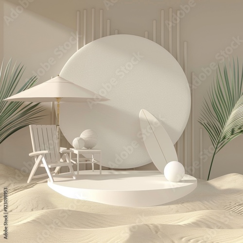 Abstract minimal scene with white round podium placed on beach sand texture, decorated with a chair under an umbrella, surfboard, ball and plant