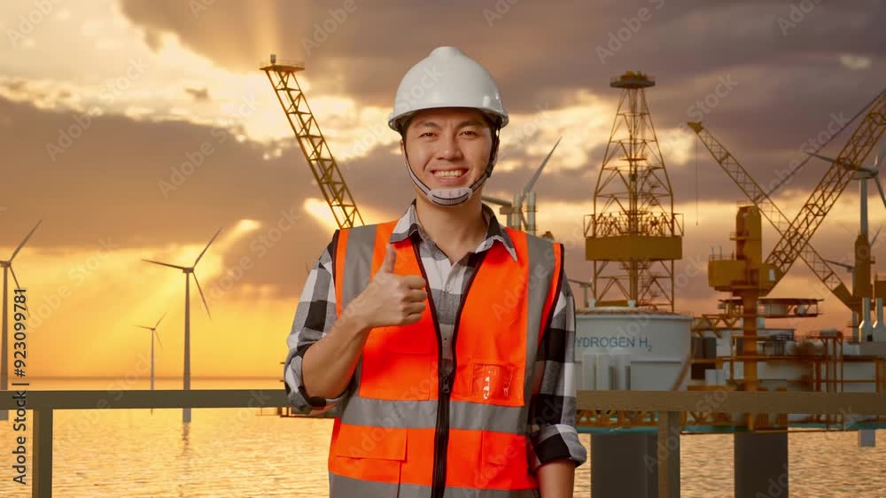 Asian Male Engineer With Safety Helmet Smiling And Showing Thumbs Up Gesture To The Camera While Standing With Offshore Hydrogen Production