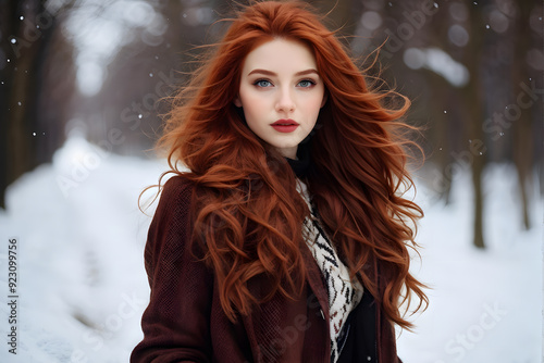 A woman with long red hair is standing in the snow