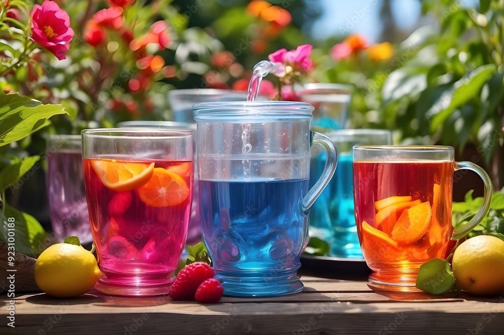 glass of juice in beautiful colours missing place in garden glass of juice in beautiful colours missing place in garden