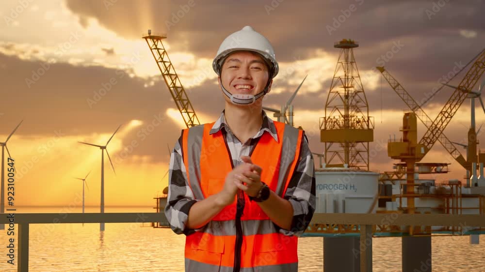 Asian Male Engineer With Safety Helmet Smiling And Clapping His Hands While Standing With Offshore Hydrogen Production Asian Male Engineer With Safety Helmet Smiling And Clapping His Hands While Standing With Offshore Hydrogen Production