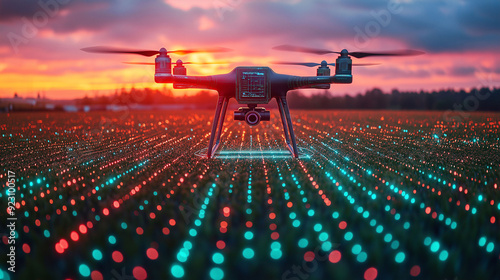 A drone equipped with AI technology surveying a large agricultural field, with data and analysis
