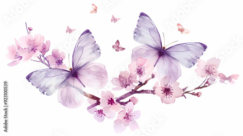 watercolor illustration of purple butterflies and cherry blossom on white background. Watercolor botanical painting