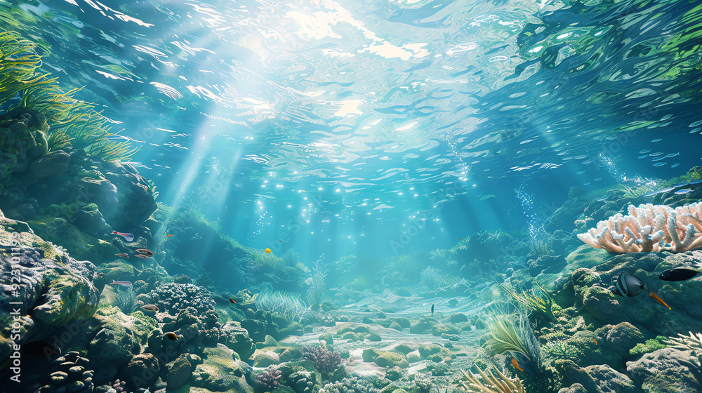 Fototapeta premium coral reef with a sea turtle and many colorful fish