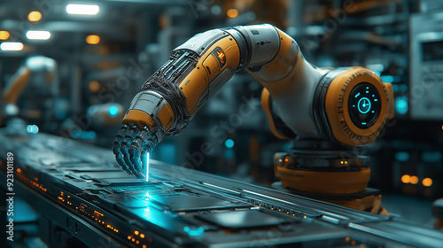 A robotic arm equipped with AI technology working on an assembly line in a high-tech manufacturing facility