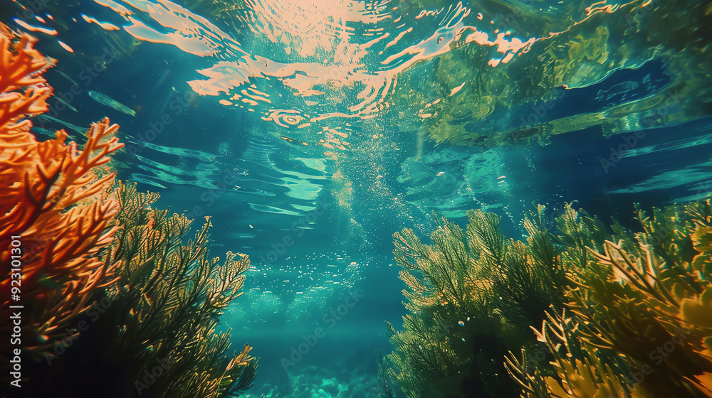 Fototapeta premium vibrant underwater scene with sunlight shining through the water, revealing coral reefs and colorful fish
