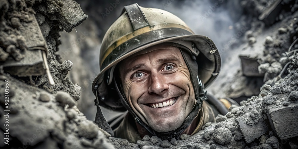 Ashen Embrace: Fireman's smile emerging from ashen debris, gray tones, haunting, determined