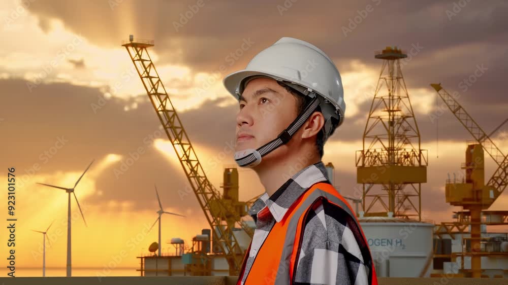 Close Up Side View Of Asian Male Engineer With Safety Helmet Looking Around While Standing With Offshore Hydrogen Production