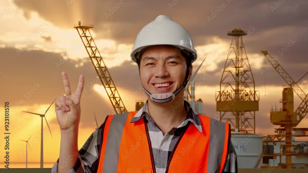 Close Up Of Asian Male Engineer With Safety Helmet Smiling And Showing Peace Gesture While Standing With Offshore Hydrogen Production Close Up Of Asian Male Engineer With Safety Helmet Smiling And Showing Peace Gesture While Standing With Offshore Hydrogen Production