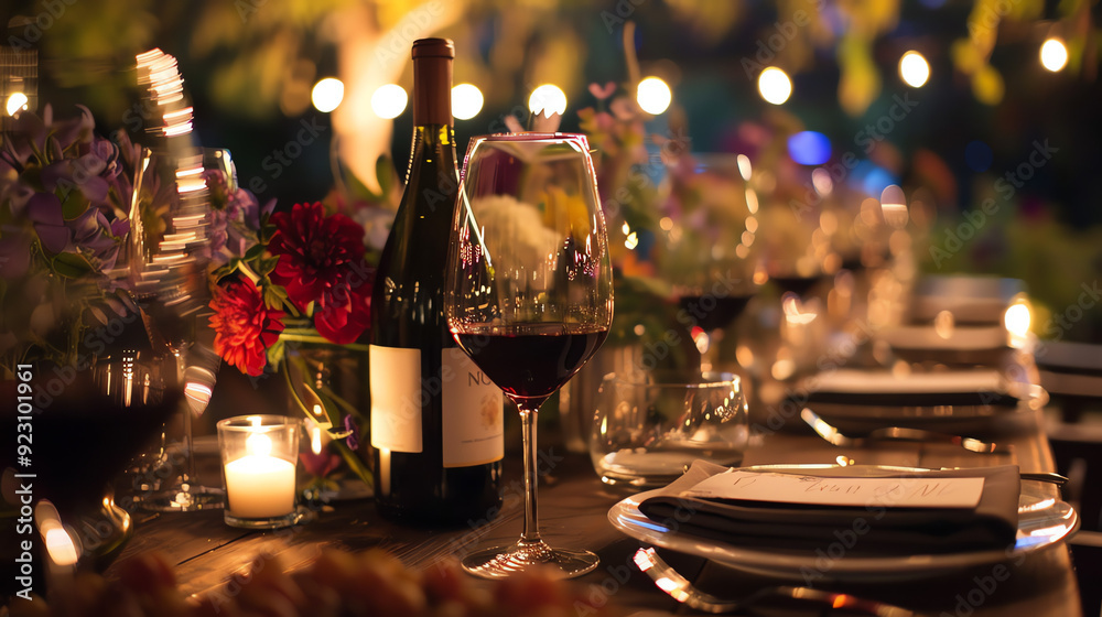 table setting with a bottle of red wine, a glass, and candles table setting with a bottle of red wine, a glass, and candles