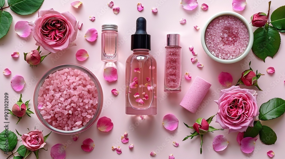 flat lay composition with cosmetics packages jars of cream serum bottles gua sha face roller with rose buds,petals on light pink background natural beauty products for face skin care concept. flat lay composition with cosmetics packages jars of cream serum bottles gua sha face roller with rose buds,petals on light pink background natural beauty products for face skin care concept.