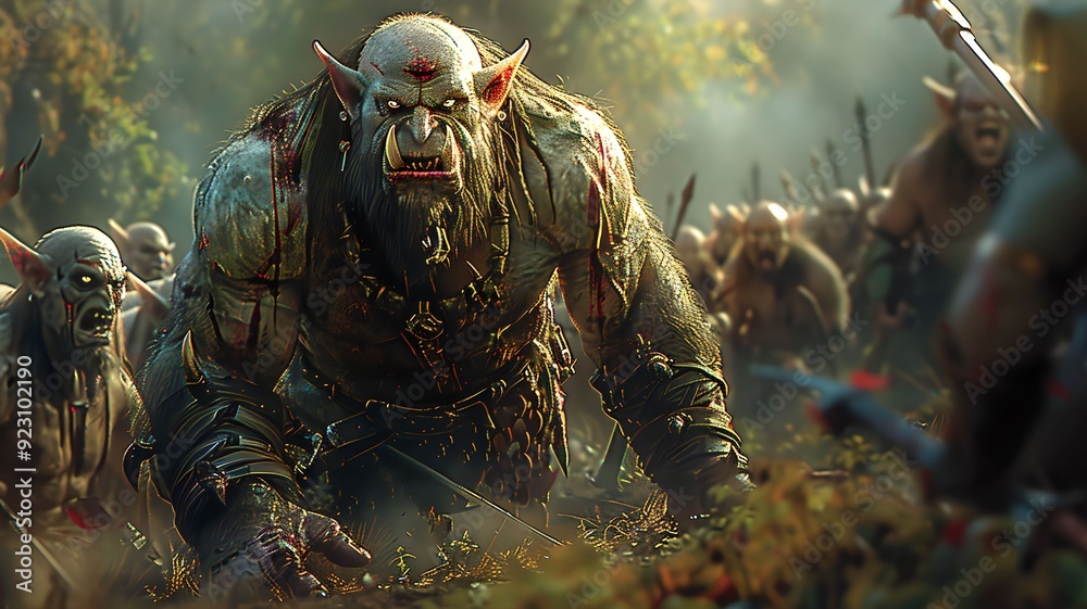 Ferocious Orc Warriors Clad in Brutal Armor, Roaring on the Battlefield ...