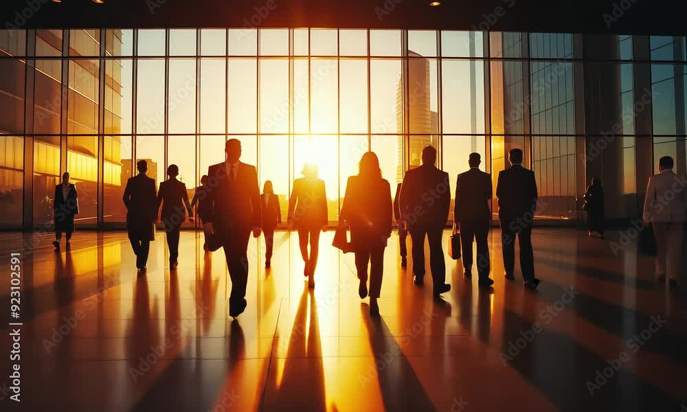Capture the essence of ambition as business people walk through a modern office at sunset, their reflections a testament to their journey