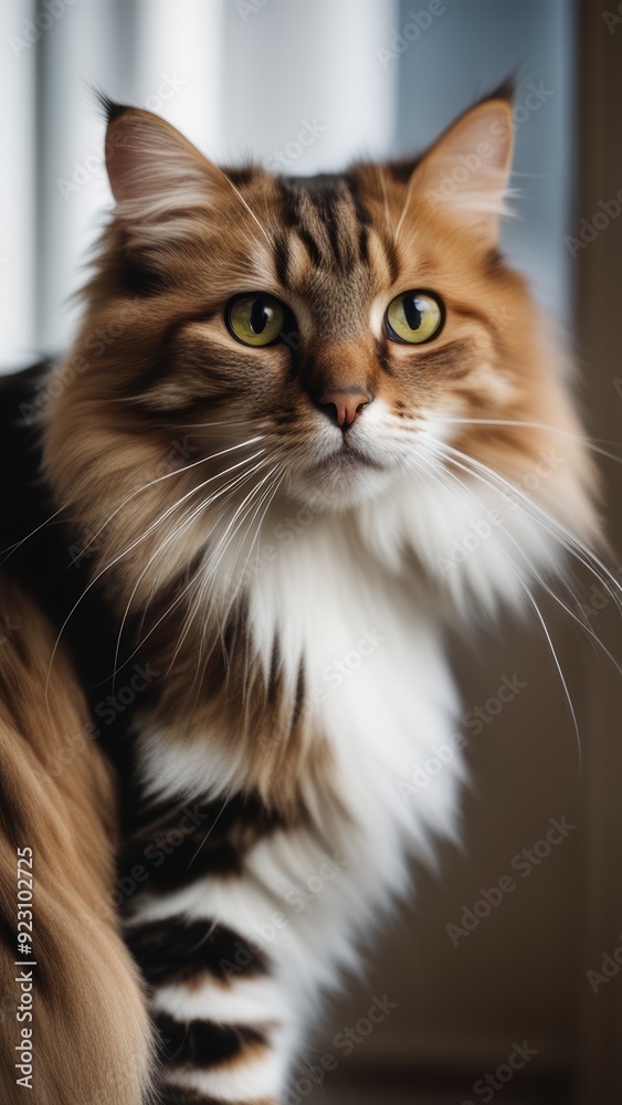 Tabby cat on a table looking directly at the camera with alert ears. Tabby cat on a table looking directly at the camera with alert ears.