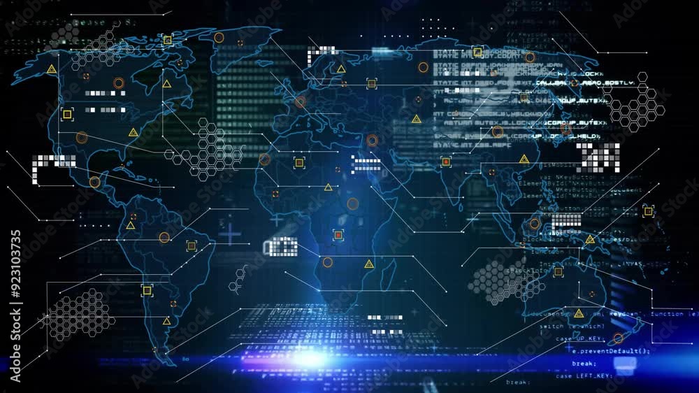 Displaying world map with cybersecurity threats and data processing animation