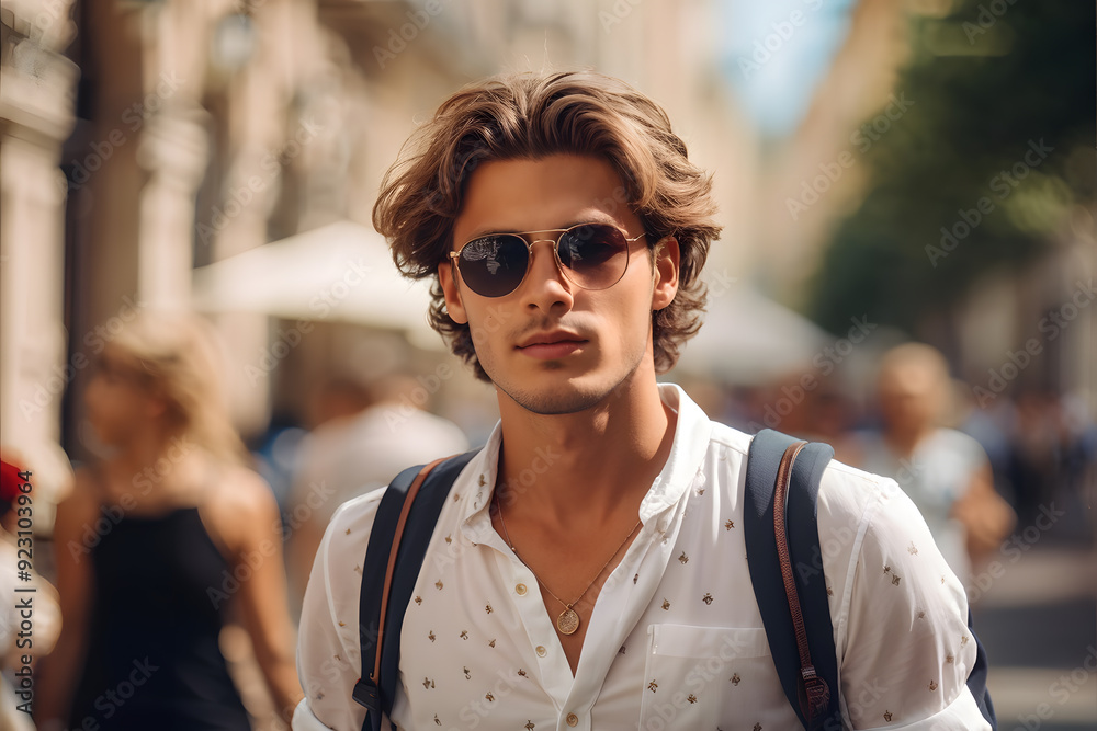 A man wearing sunglasses and a white shirt is walking down a street A man wearing sunglasses and a white shirt is walking down a street