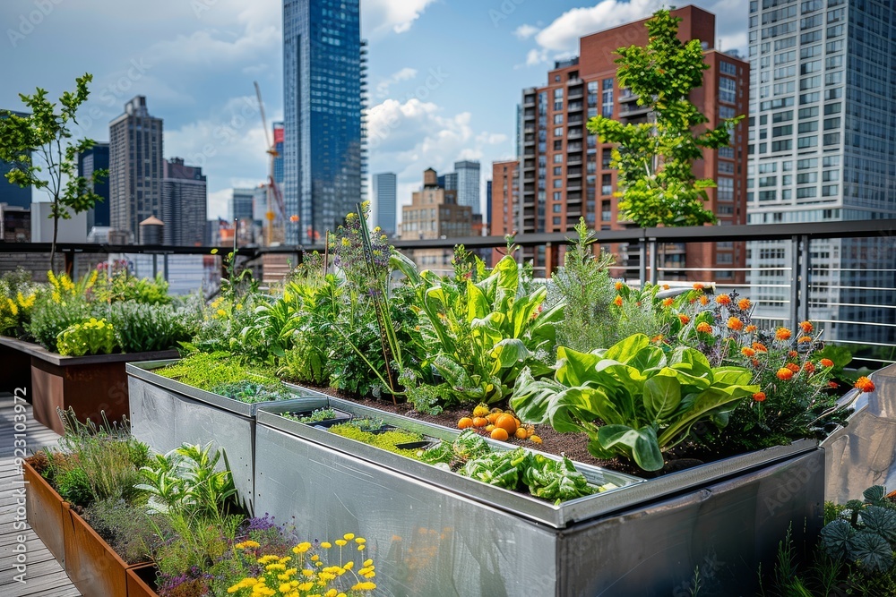 Fototapeta premium Urban Rooftop Garden with Metal Can Raised Beds, Green Vegetation
