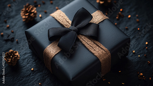 Elegant Black Friday sale poster with a top view of a black gift box and price tag on a dark background, presented in 3D vector style. photo