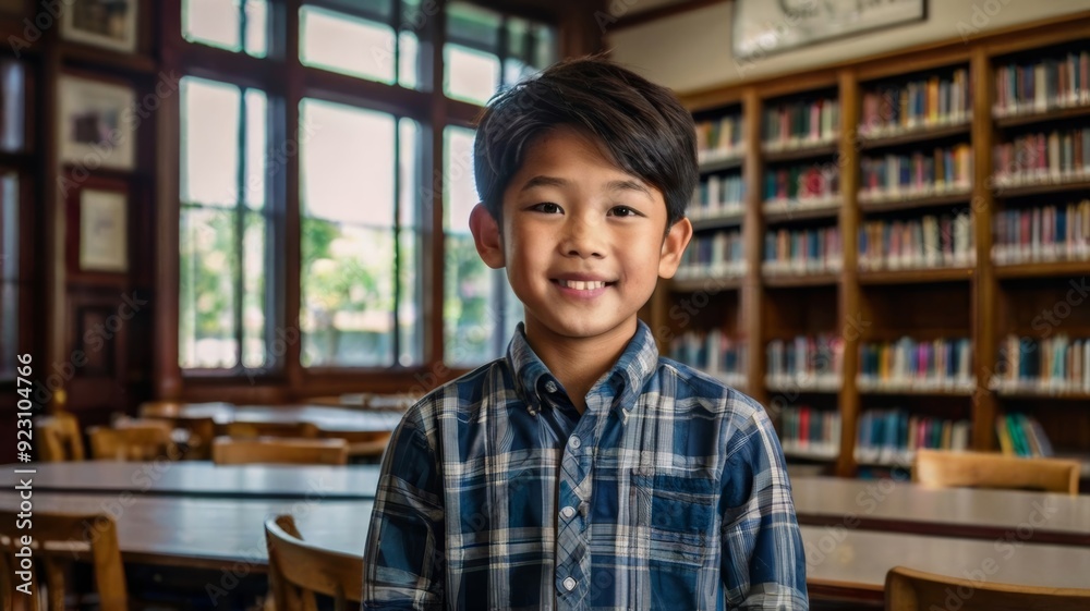 Asian Boy in library room school Asian Boy in library room school