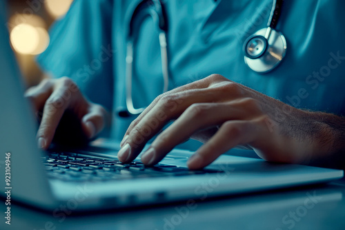 a doctor in a coat sitting at desk typing on a laptop computer , working with medical documents .