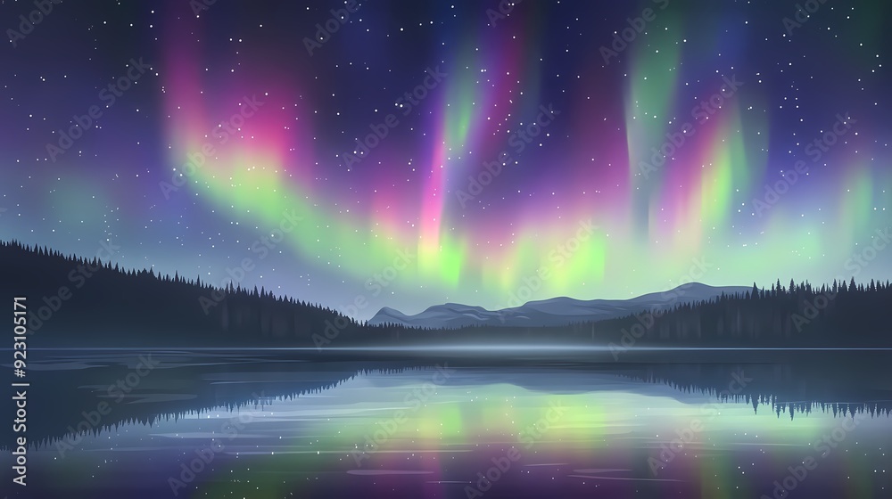 Vibrant green and pink aurora borealis reflected in a still lake at night with a dark forest silhouette in the foreground. Vibrant green and pink aurora borealis reflected in a still lake at night with a dark forest silhouette in the foreground.