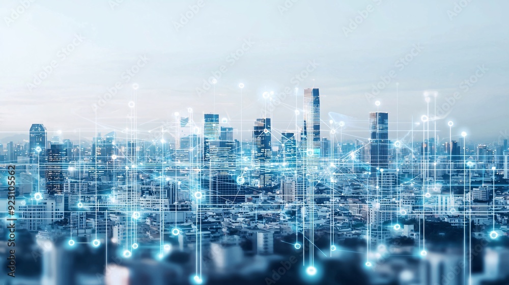 Fototapeta premium AI urban planning, futuristic cityscape, digital networks, advanced technology