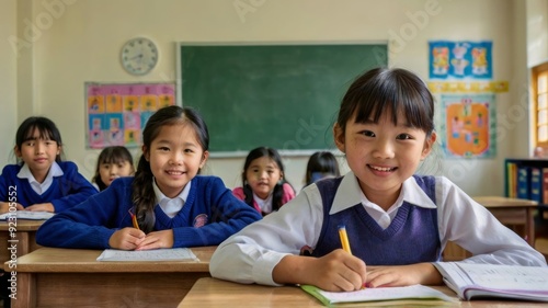 Asian pupils sitting in classroom and girl putting up