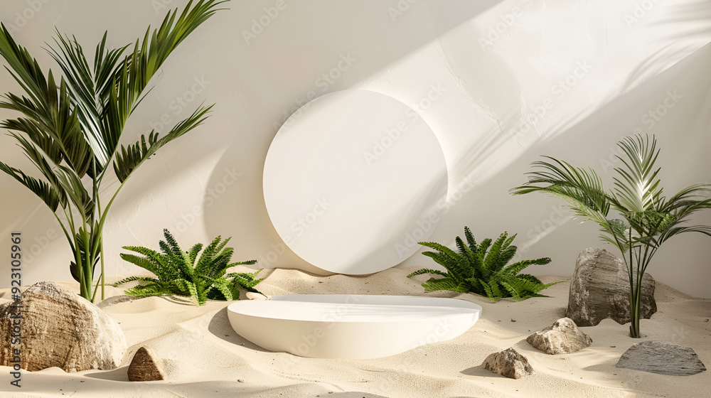Podium with rocks and plants on white background Display with sunshade and shadow on the background for cosmetic perfume fashion natural product ,minimal display podium with white marble Podium with rocks and plants on white background Display with sunshade and shadow on the background for cosmetic perfume fashion natural product ,minimal display podium with white marble