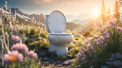 there is a toilet in the middle of a field of flowers photo