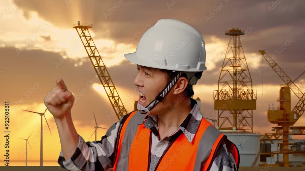 Close Up Side View Of Angry Asian Male Engineer With Safety Helmet Shouting At Someone While Standing With Offshore Hydrogen Production Close Up Side View Of Angry Asian Male Engineer With Safety Helmet Shouting At Someone While Standing With Offshore Hydrogen Production