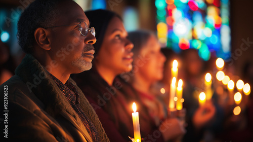 Diverse group holding lit candles at night, faces illuminated by candlelight, Christmas carol singing or vigil atmosphere with colorful lights in background photo