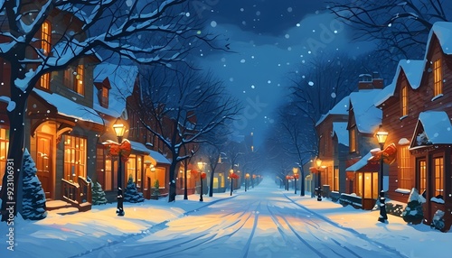 The winter night is peaceful, and the snowflakes are falling on the streets, with warm lights on both sides.