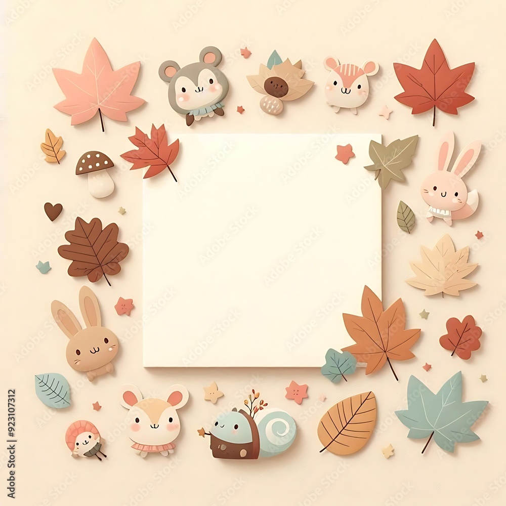 Obraz premium Cute autumn frame with woodland animals and leaves in soft pastel tones 부드러운 파스텔 톤의 숲속 동물과 나뭇잎으로 장식된 귀여운 가을 프레임