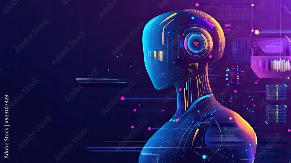 Fototapeta premium Abstract 2D AI concept featuring a stylized robot and data analytics. Clean design showcasing artificial intelligence and machine learning. Ideal for tech presentations.