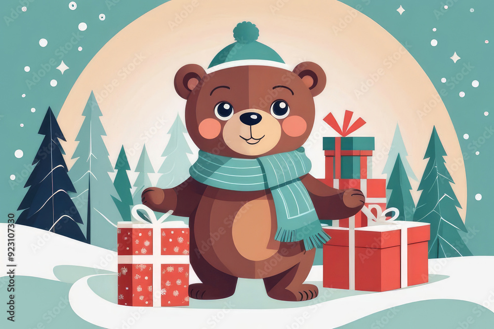 Fototapeta premium Little bear holding holiday gifts and decorations.