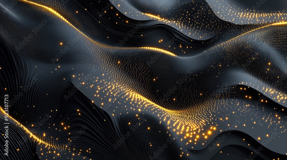 Abstract 3D vector illustration of black carbon-layered shapes with golden glittering dots, offering a refined and contemporary visual appeal. Abstract 3D vector illustration of black carbon-layered shapes with golden glittering dots, offering a refined and contemporary visual appeal.