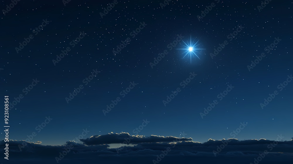 Fototapeta premium Night sky with a bright star shining over dark clouds.