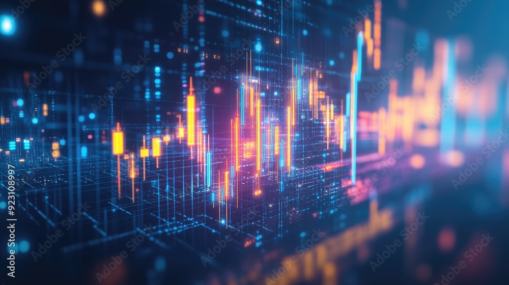 Abstract glowing candlestick chart in 3D on a blue background. Highlights finance, trading, and market data with a contemporary look. Ideal for financial and business content. Abstract glowing candlestick chart in 3D on a blue background. Highlights finance, trading, and market data with a contemporary look. Ideal for financial and business content.